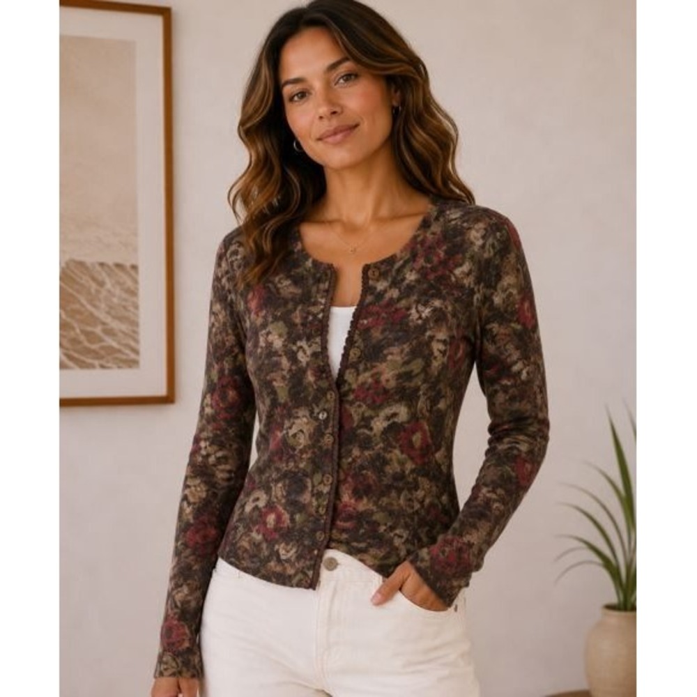 Cardigan Sweater XL Brown Red Floral Lambs Wool Angora Soft Cottage Grandma Chic